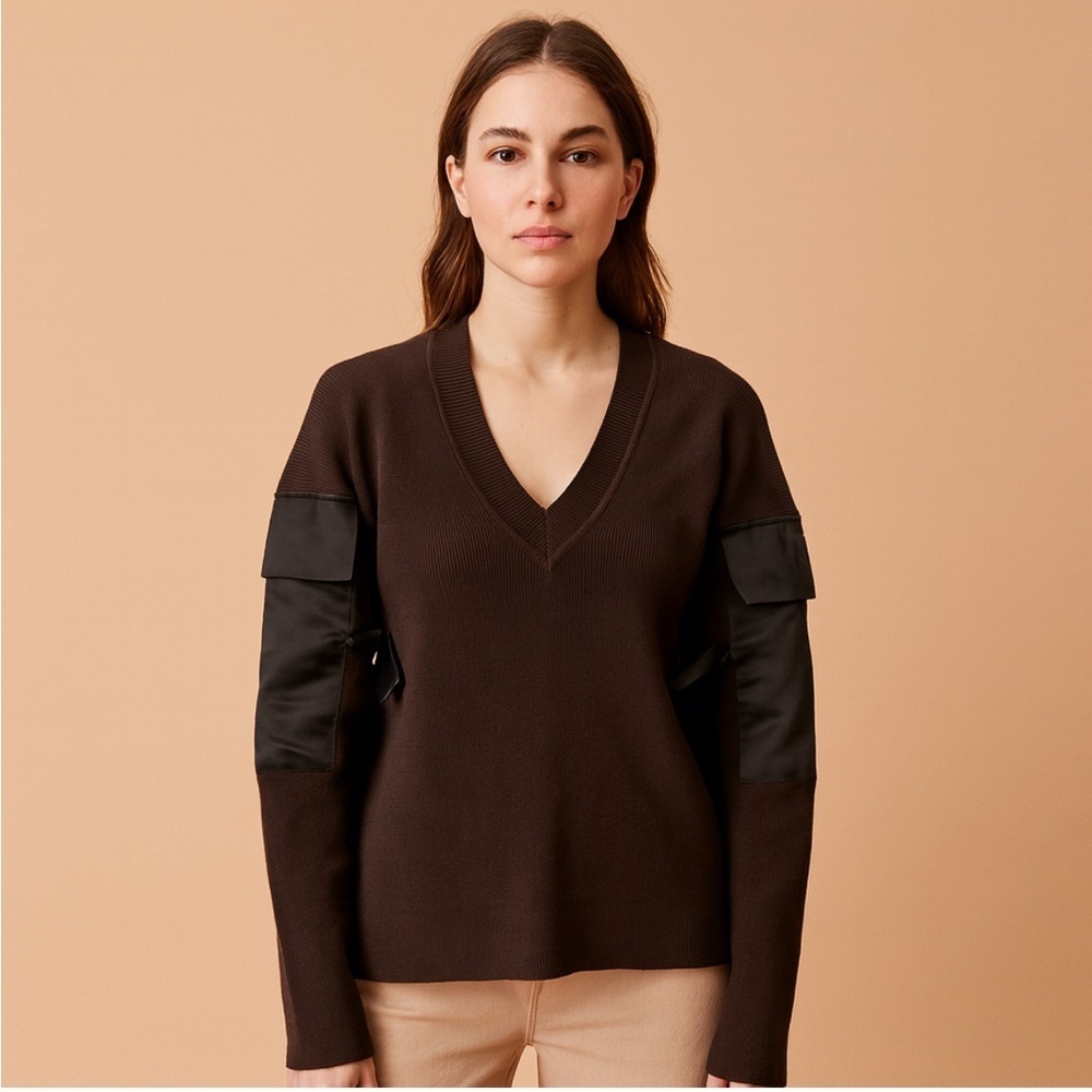 Parker Brown V-Neck Sweater with Satin Bow Sleeve Details Size Small